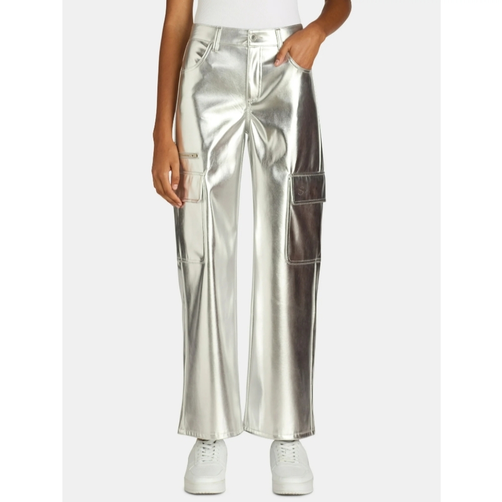 No Boundaries Women's Size S (4-6) High Rise Metallic Cargo Pants Silver NWT